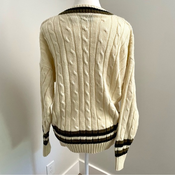 Vintage Preppy Cream Cable Knit Varsity Academia V Neck Sweater - Picture 4 of 8